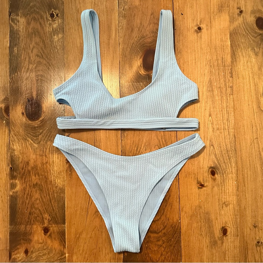 Zaful Sky Blue Ribbed Bikini Set
